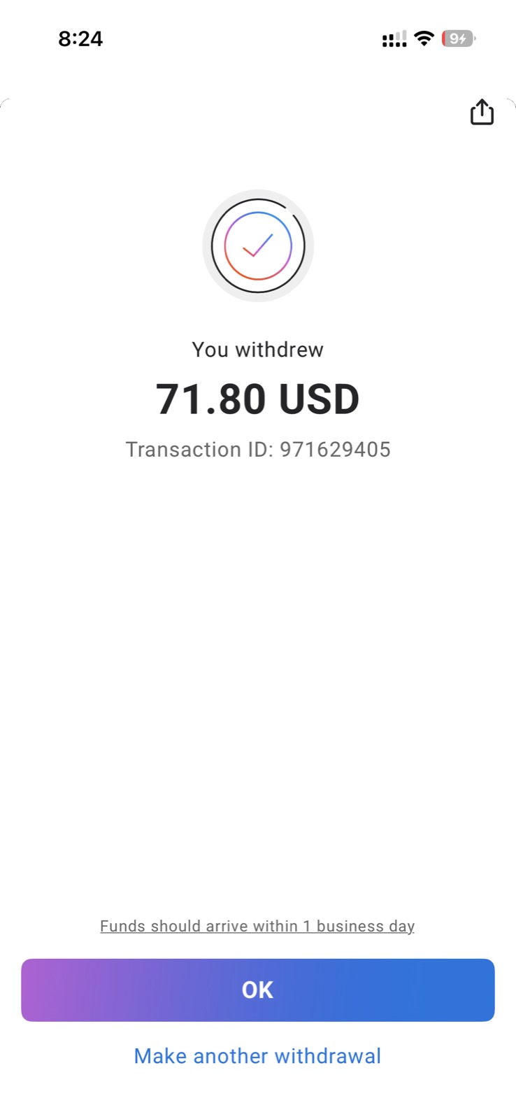 Payoneer withdrawal screenshot — $71.80 USD, Transaction ID 971629405