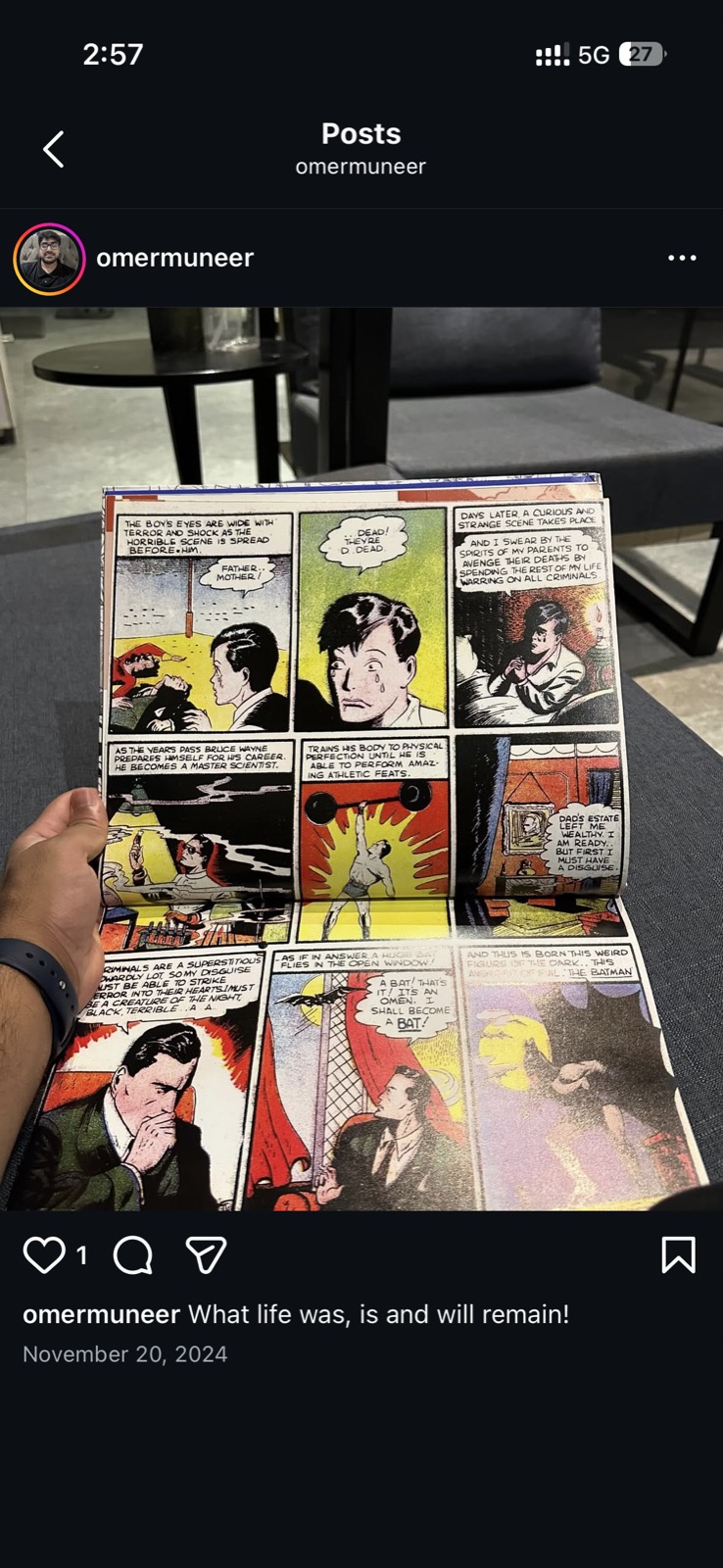 Instagram post — @omermuneer — What life was, is and will remain — comic book page, November 2024