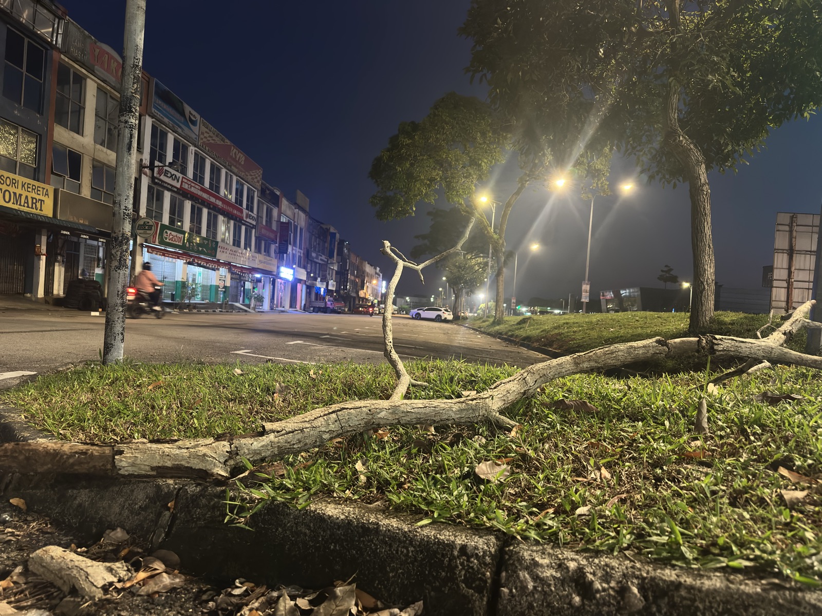 Night street low angle — light on wet asphalt, empty road
