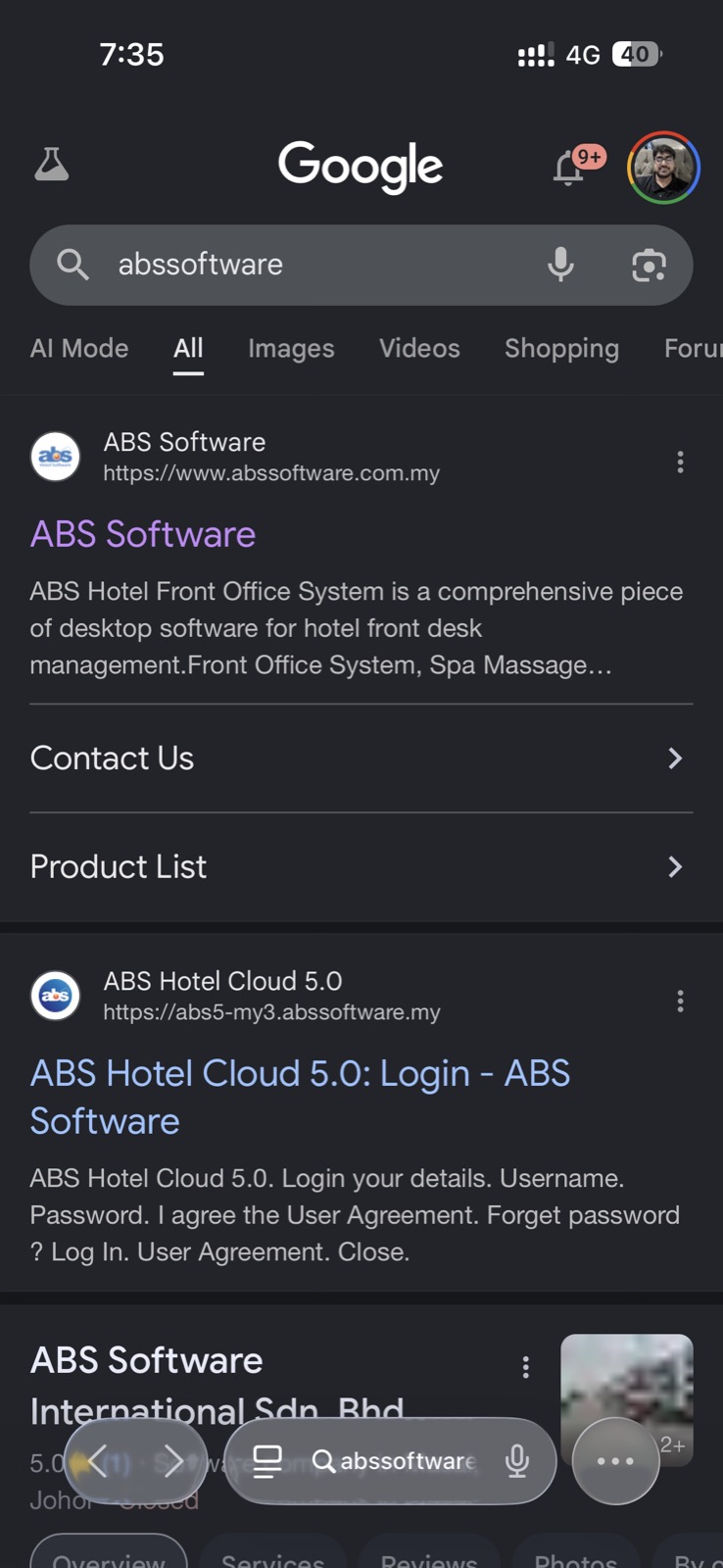Google search for ABS Software — Hotel Front Office System, Johor Bahru