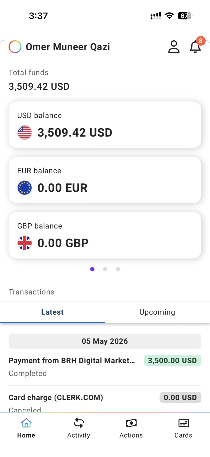 Payoneer — $3,500 received from BRH Digital