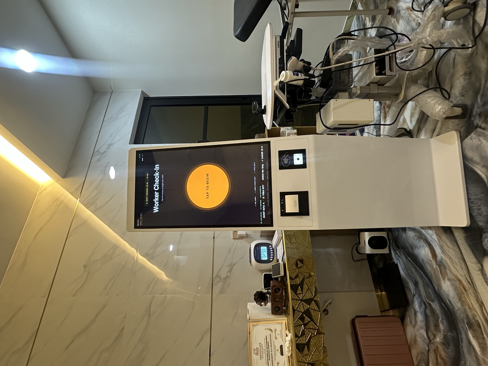 MoVo-X Worker Check-In kiosk — TAP TO BEGIN