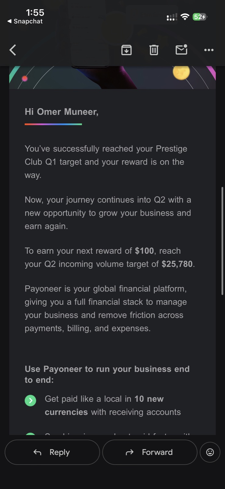 Payoneer Q1 Prestige Club notification