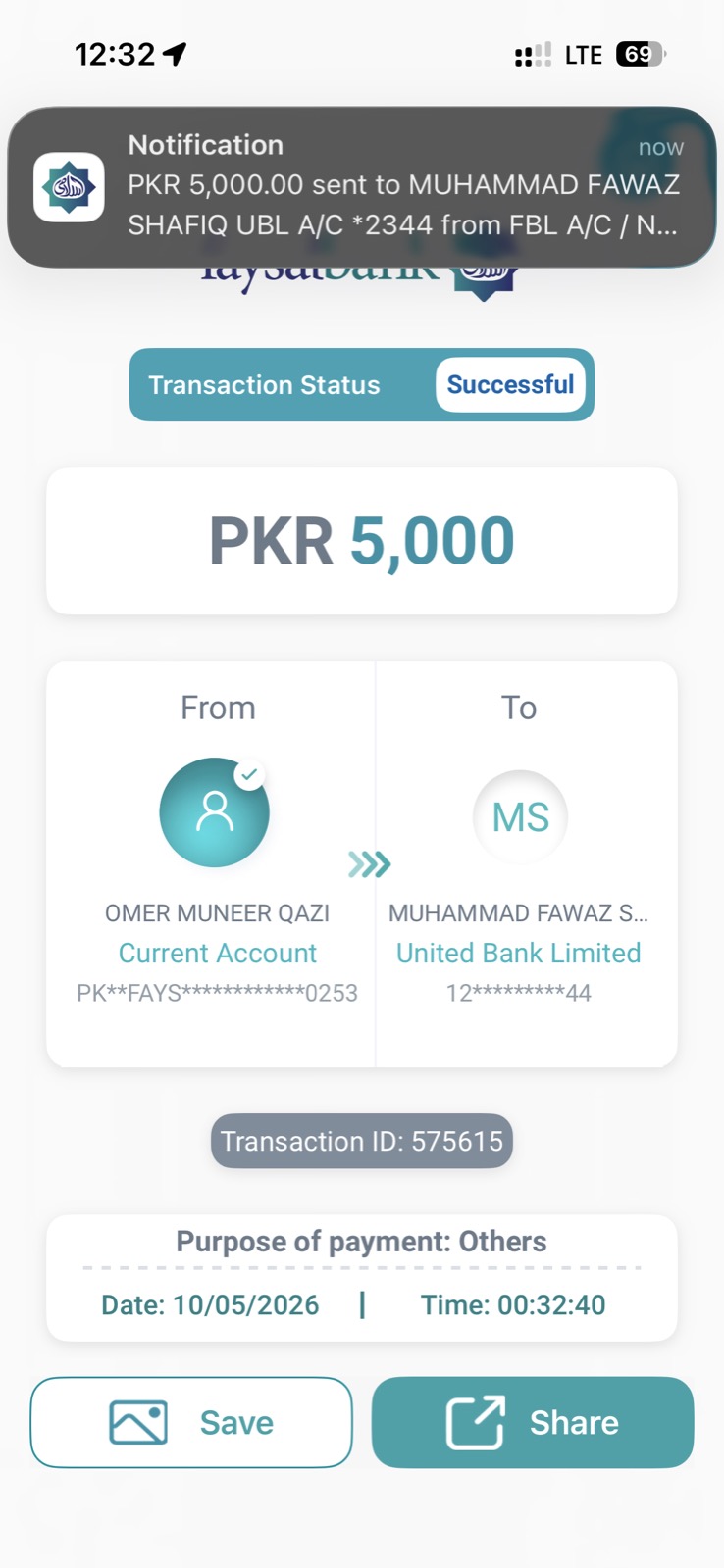 Faysal Bank transfer — PKR 5,000 to Muhammad Fawaz Shafiq UBL *2344 — Transaction ID 575615 — 00:32 AM May 10, 2026