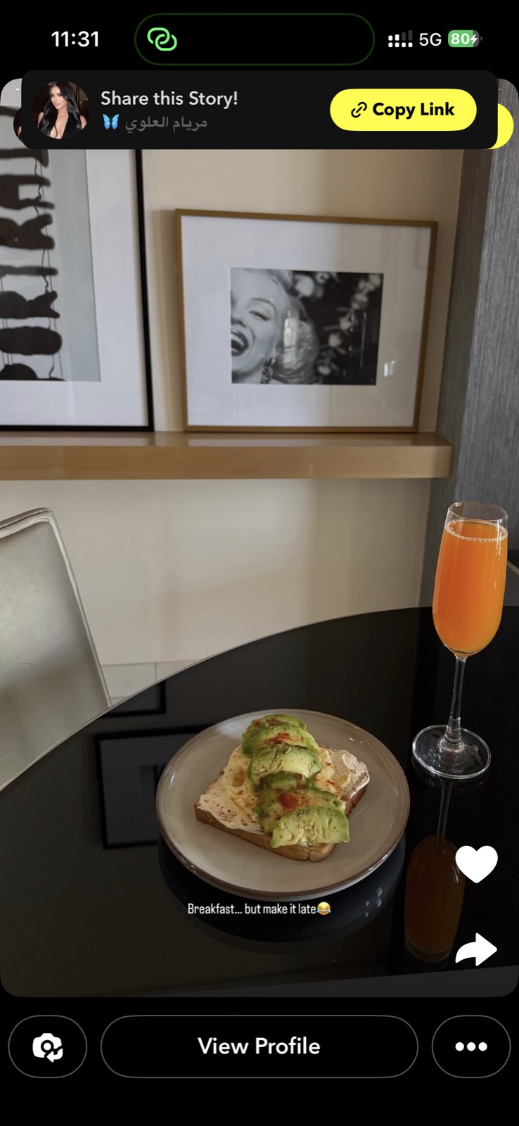 Maryam Alawi Dubai Snapchat — avocado toast, mimosa, Marilyn Monroe print — 'Breakfast... but make it late'