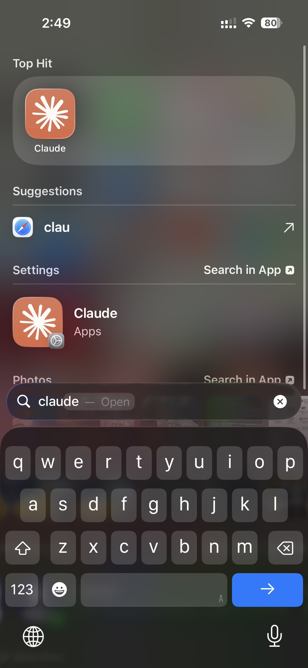 iPhone screenshot — Admin searching for Claude