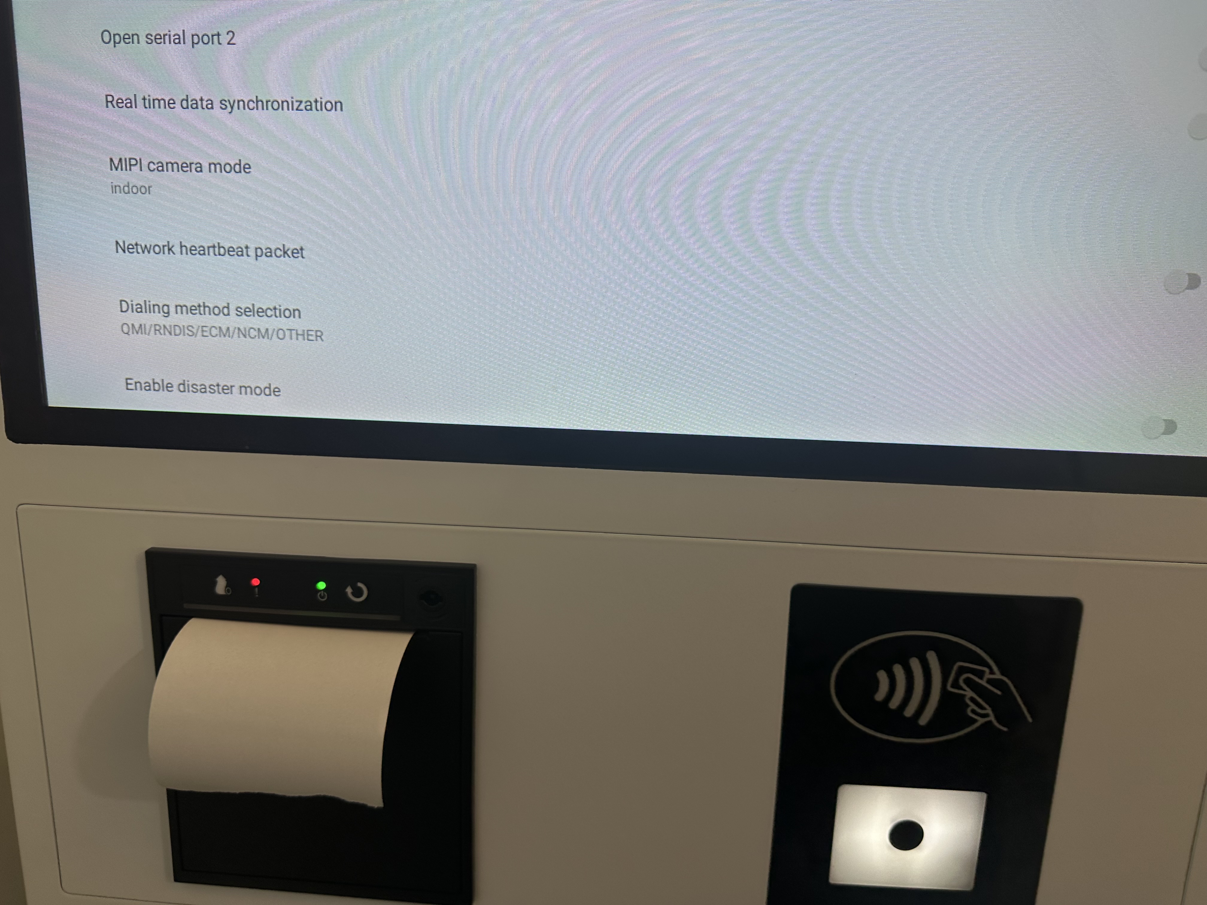 Full kiosk — screen, receipt printer, NFC payment reader