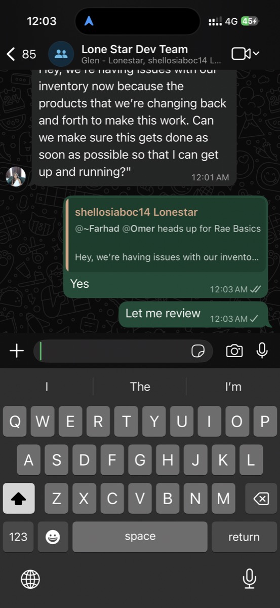 WhatsApp — Lone Star Dev Team at midnight — inventory issues