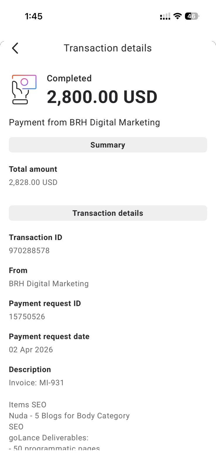 Payoneer payment notification — $2,800 from BRH Digital Marketing, Invoice MI-931