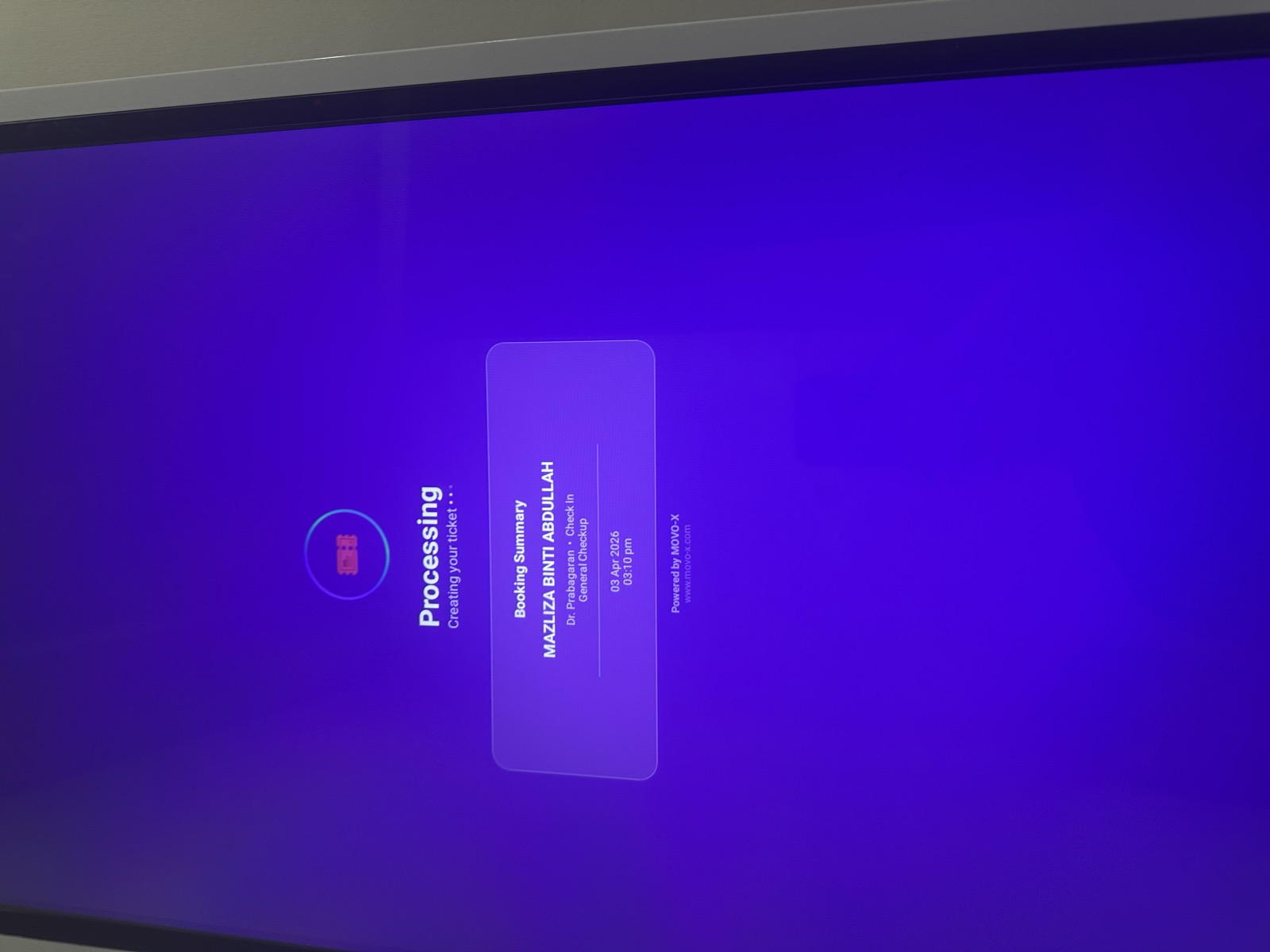 MoVo-X kiosk processing ticket for Mazliza Binti Abdullah — 3:10 PM, April 3