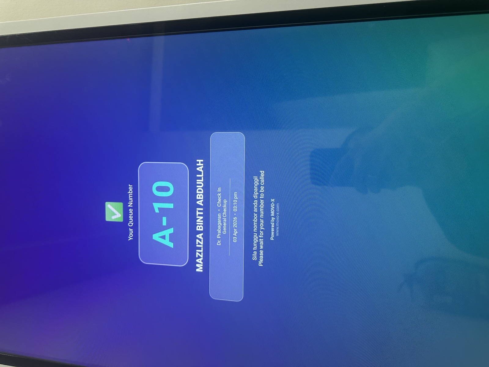 Queue ticket A-10 — Mazliza Binti Abdullah, Dr. Prabagaran, General Checkup