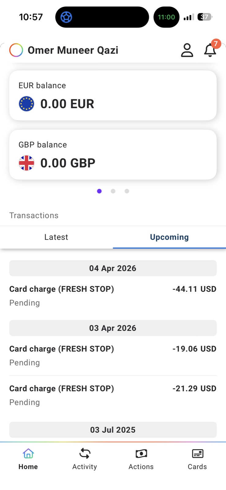 Payoneer balance screenshot — EUR 0.00, GBP 0.00, FRESH STOP charges