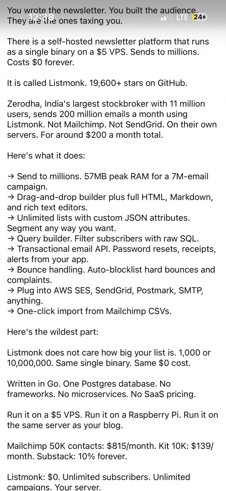 Listmonk article screenshot — self-hosted newsletter
