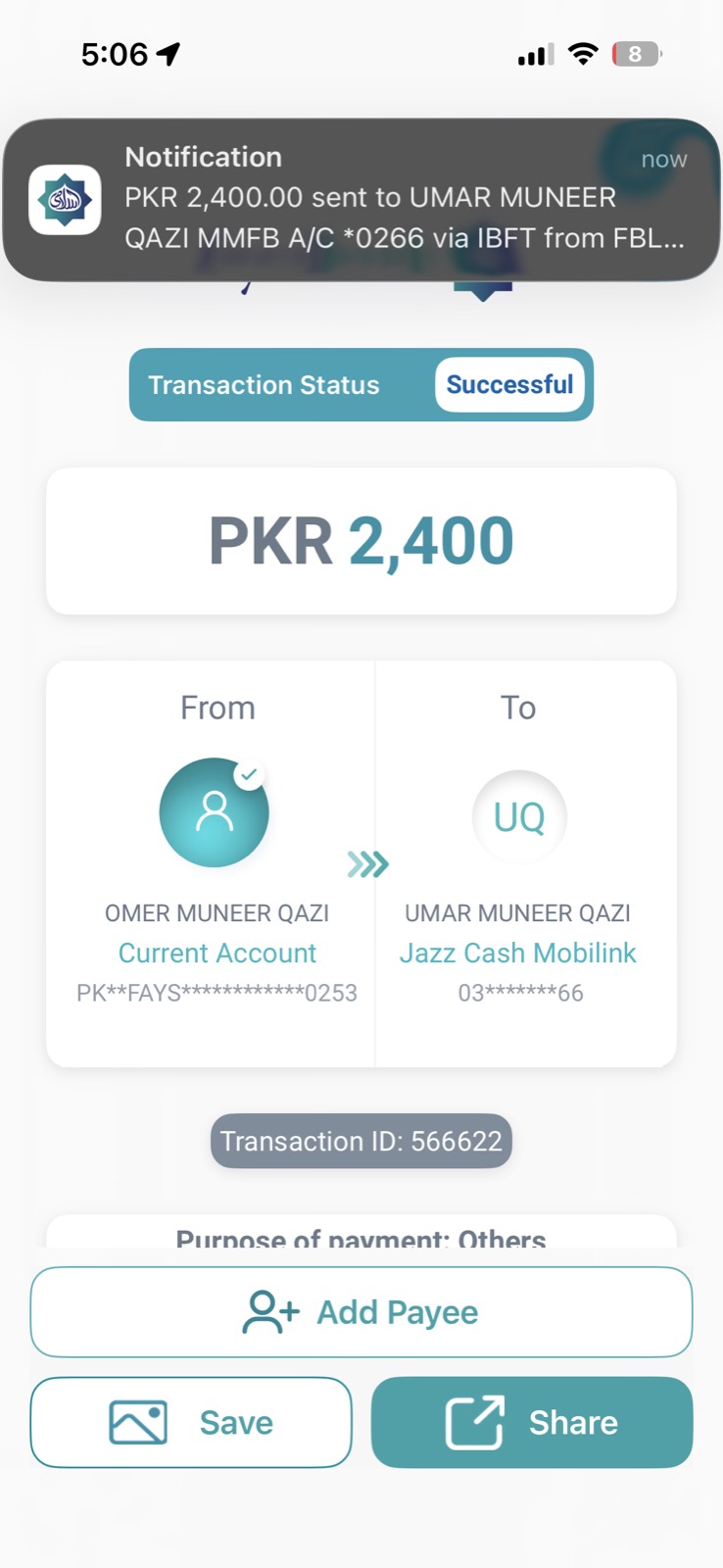 Faysal Bank — PKR 2,400 to Umar Muneer Qazi