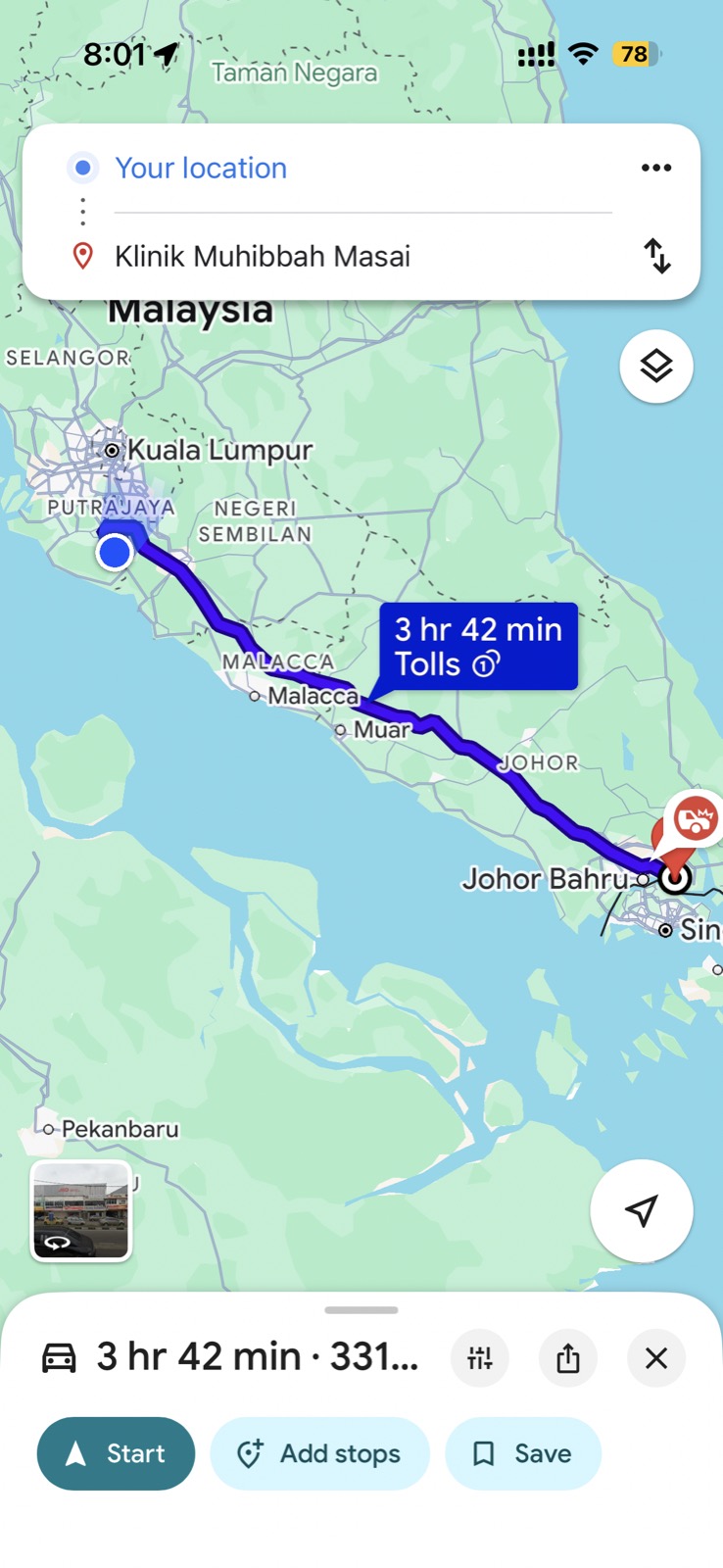 Google Maps route from KL to Johor Bahru