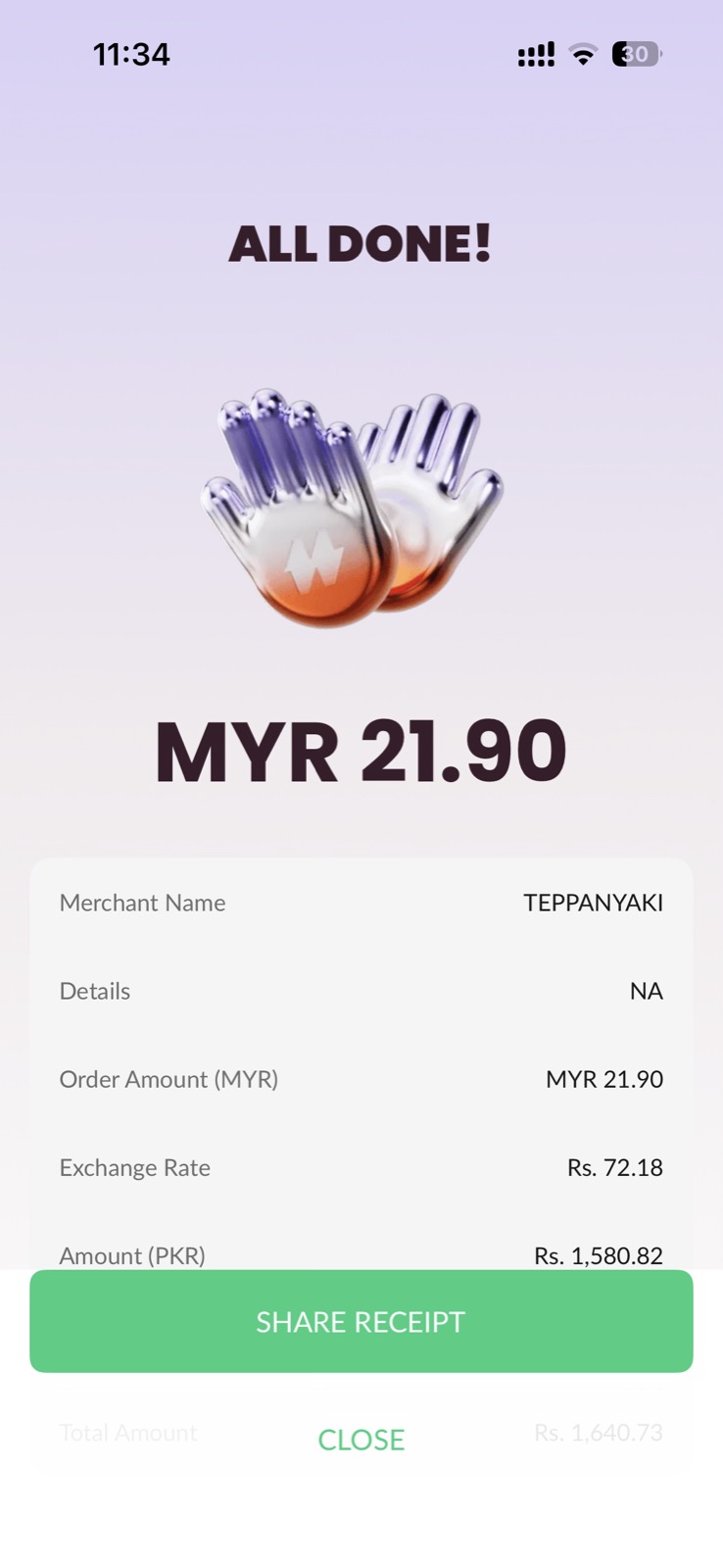 NayaPay payment confirmation - RM 21.90 at Teppanyaki