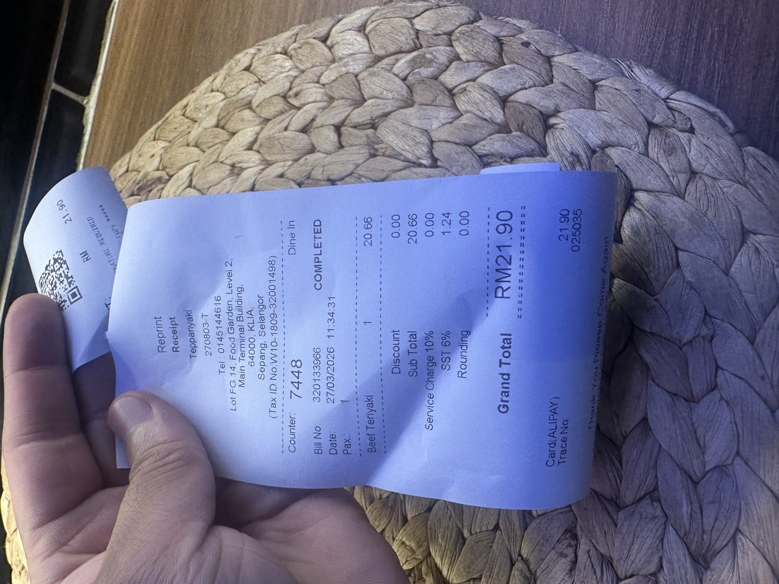 Teppanyaki receipt - Beef Teriyaki RM 21.90