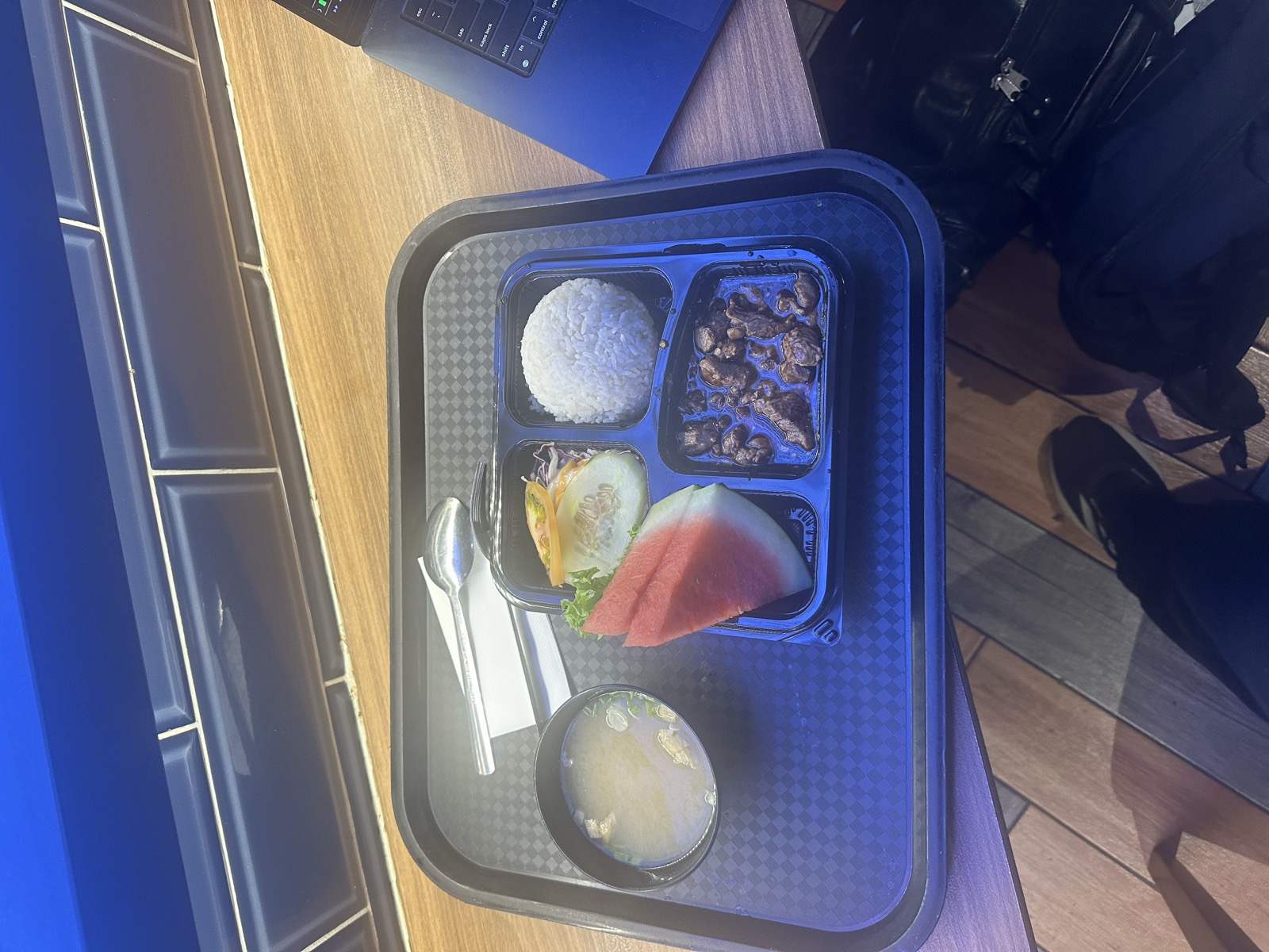 Beef teriyaki tray with rice, miso soup, watermelon