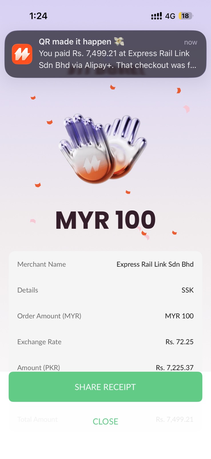 NayaPay KLIA Ekspres payment RM 100