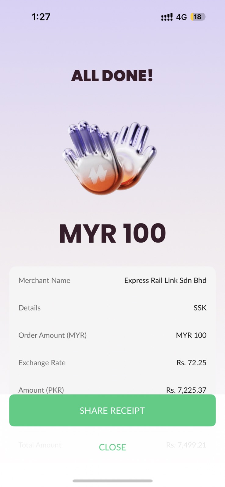 NayaPay Express Rail Link receipt